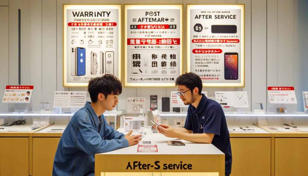 寝屋川市のiPhone修理店で、アフターサービスの重要性を強調したシーン。顧客がプロの技術者と保証および修理後のサービスについて話し合っている。店内はモダンで顧客に優しいデザインで、壁には保証情報や認証がはっきりと表示されている。技術者は満足そうな顧客に保証カードの詳細を説明している。この店は定期的なメンテナンスサービスを提供していることを示す看板もあり、長期的な顧客ケアと満足に対するコミットメントを示している。